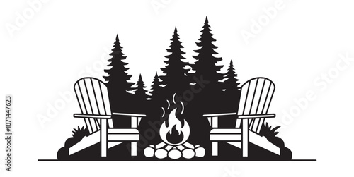 Campfire silhouette with adirondack chairs and pine trees. Outdoor camping scene in wild forest. Cozy bonfire evening in nature landscape concept.
