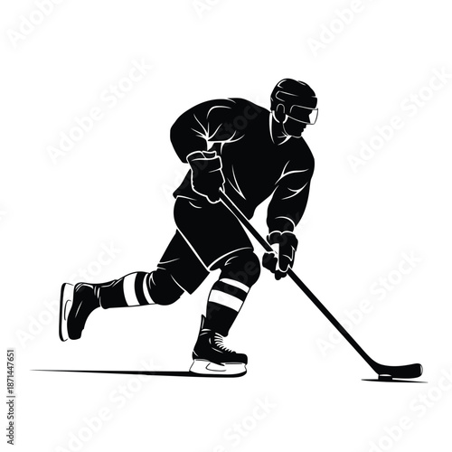Hockey player in action, skating with stick and puck on ice rink from a dynamic side view
