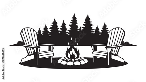 Campfire silhouette with adirondack chairs and pine trees. Outdoor camping scene in wild forest. Cozy bonfire evening in nature landscape concept.