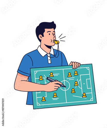Sports coach blowing whistle while illustrating detailed team tactical formation strategy on a flat soccer field diagram board