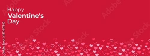 Happy Valentine day text on red background with many decorative pink hearts along the bottom edge for greeting card. Romantic celebration.