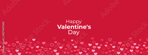 Happy Valentines Day text on red background with various pink hearts, sweet romantic concept for card