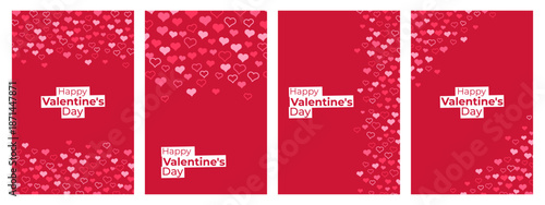 Set of four red banner templates with pink heart pattern and a Happy Valentines Day text box for holiday greeting card