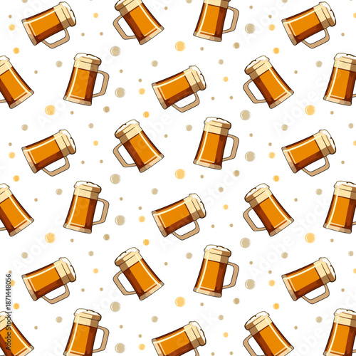 Foam bubbles and beer mugs on a light background.Vector seamless pattern with beer mugs and bubbles on a white background.