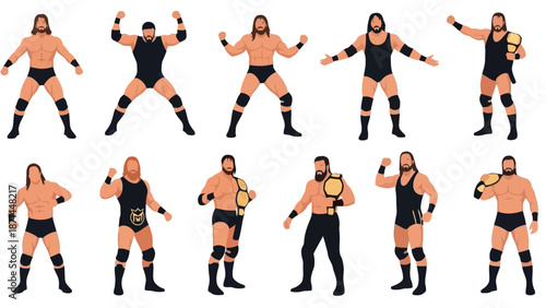Vector illustrations of muscular men in various wrestling poses and attire showcasing strength and athleticism in a clean white environment from multiple viewpoints eps
