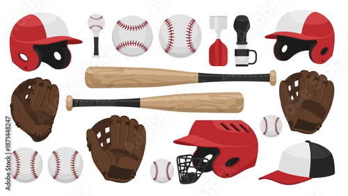 Collection of baseball equipment including bats, gloves, helmets, and balls arranged on a white background showcasing sports gear