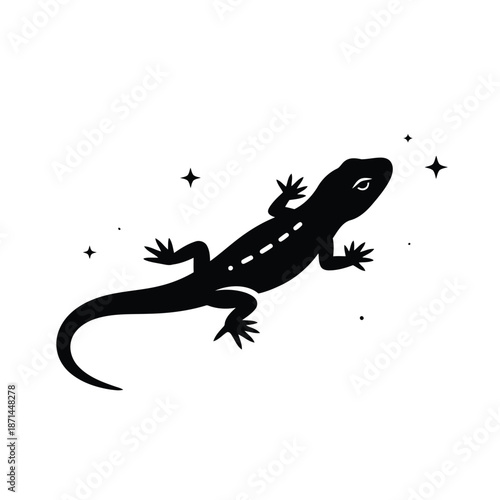 Black silhouette of a lizard surrounded by stars in a minimalist illustration