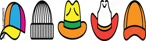 Set of colorful minimalist icons for various headwear featuring a multi-colored baseball cap, beanie, yellow fedora, cowboy hat, and orange visor.