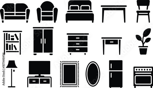 Comprehensive set of solid black furniture silhouettes for home interior design featuring sofas, beds, tables, storage, and household appliances.