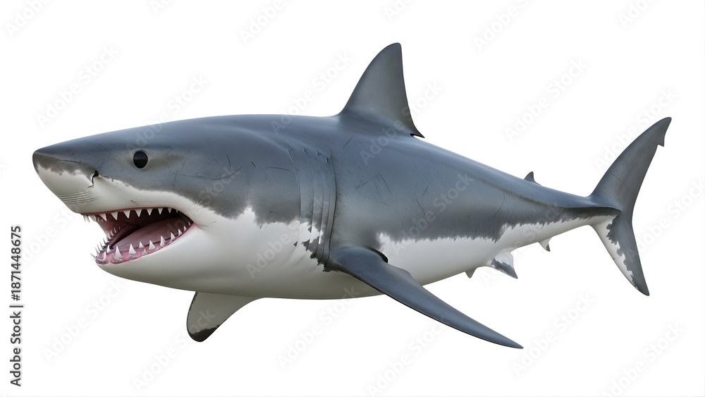 Fototapeta premium A large gray shark with its mouth open is shown on transparent background