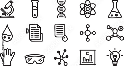 Scientific icons collection featuring laboratory equipment and symbols for research and experimentation