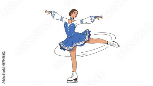 Woman in blue ice skating dress performing dynamic spin on ice rink