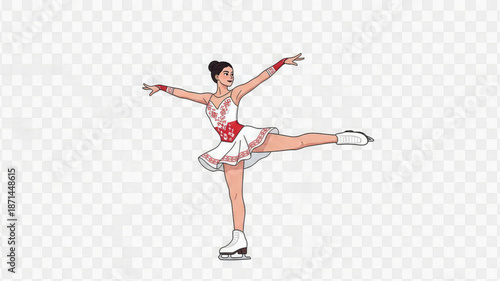 Woman in white and red ice skating dress performs dynamic pose