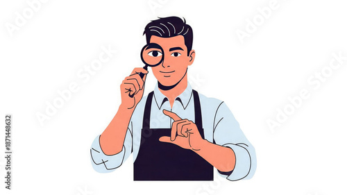 A man in a blue shirt and black apron holds a magnifying glass