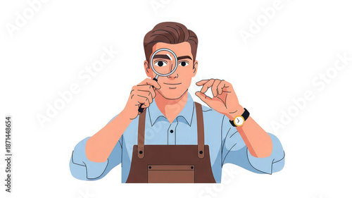 A man in a blue shirt and brown apron examines something closely