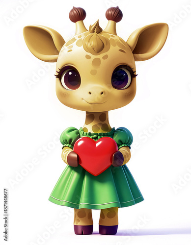 Giraffe holding a red Valentine heart, isolated on white background