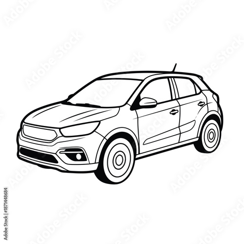 Simple black and white illustration of a modern car viewed from the front on a plain white background