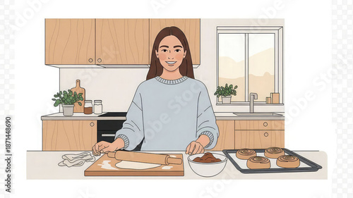 Woman baking cookies in a modern kitchen with wooden cabinets