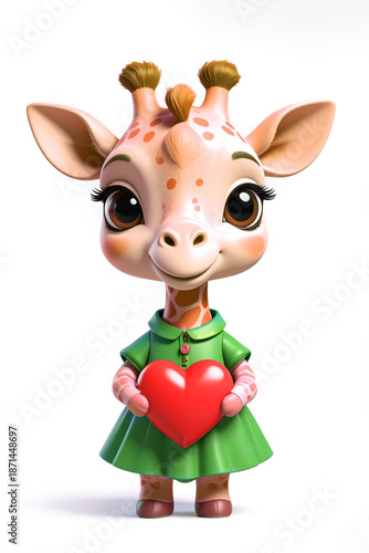 Giraffe holding a red Valentine heart, isolated on white background