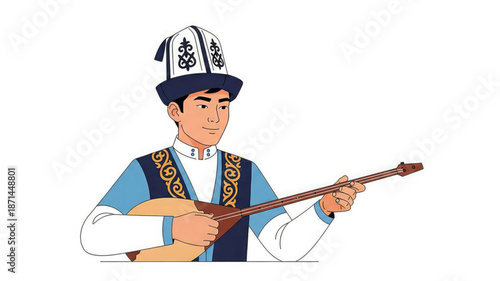 Man wearing traditional clothing playing stringed instrument