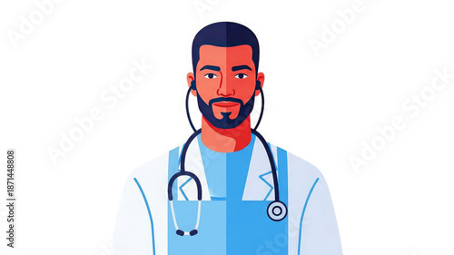 A male doctor with a stethoscope around his neck looking forward