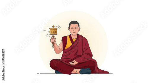 Buddhist monk sitting cross legged holding prayer wheel