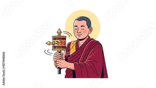 Buddhist monk spinning prayer wheel with serene smile and yellow