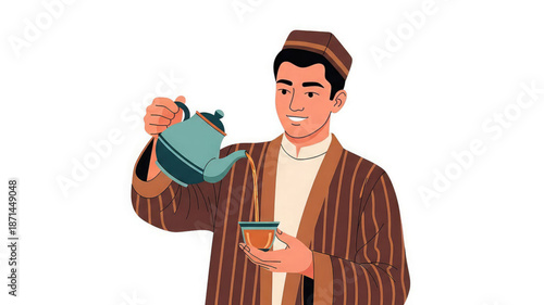 Man in traditional attire pouring tea from teapot into cup