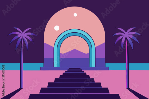 Vaporwave Plaza With Central Light Arch And Fractal Design