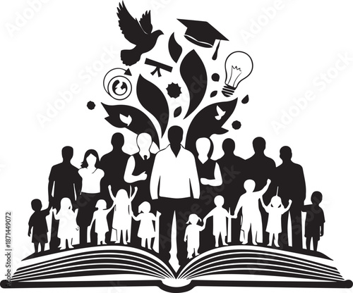 International Day of Education Banner with Silhouettes of Diverse Children Holding Books and Globe