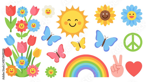 Colorful illustration of flowers, butterflies, and sun with peace signs and hearts in a vibrant display