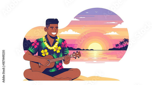 A smiling man in a hawaiian shirt plays ukulele on a tropical beach