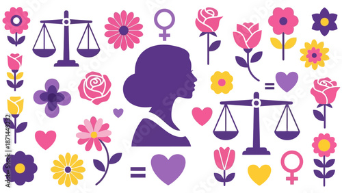 Elegant silhouette of a woman surrounded by flowers and symbols of equality and justice in a vibrant graphic representation
