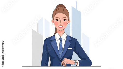 Smiling businesswoman in blue suit standing behind desk