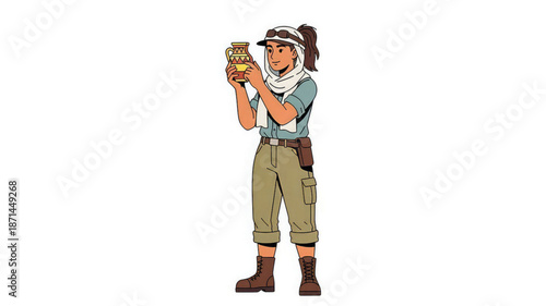 A cartoon woman in safari attire examining an ancient artifact