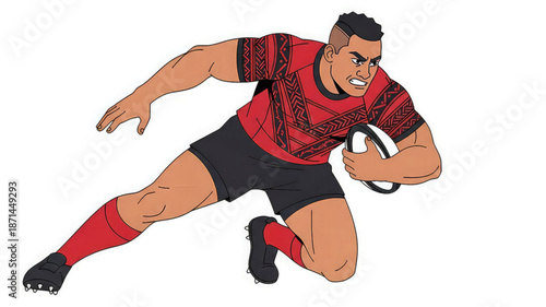 Rugby player in red uniform runs with ball in hand on white