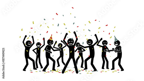 Group of people celebrating with confetti and party hats.