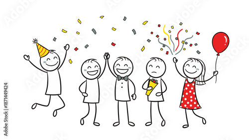 Group of stick figures celebrating a joyful party together.