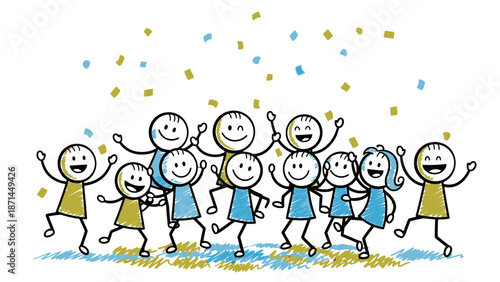 Group of joyful stick figures celebrating together.