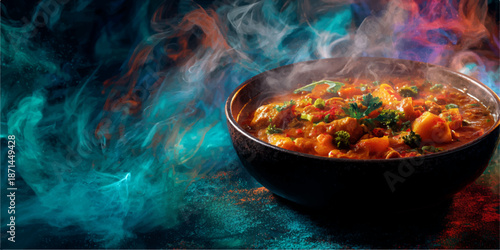 Steaming hot bowl of vegetable curry with herbs