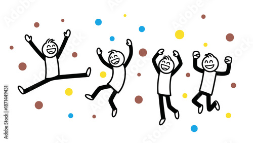 Three people jumping with joy surrounded by colorful confetti.