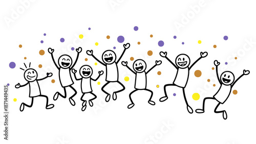 Group of happy stick figures dancing together.