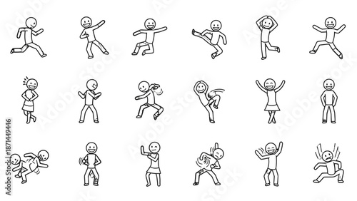 Collection of Simple Stick Figures Engaged in Various Physical Activities and Sports.