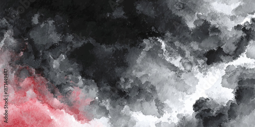 A dramatic and moody abstract image featuring a cloudy sky with a mix of dark black and gray clouds, accented with vibrant red hues.