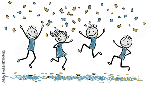 Group of happy children jumping with confetti.