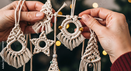 Hands holding handmade macrame Christmas decorations with bells  