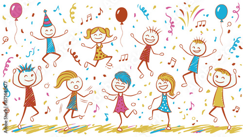 Children celebrating a joyful party with colorful confetti and balloons.