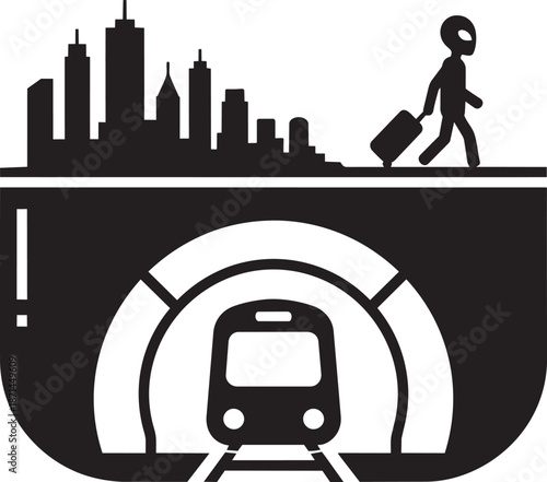 Alien traveler arriving in city with suitcase above underground subway train emerging from tunnel