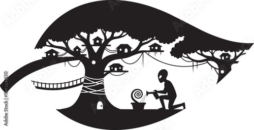 Alien watering small spiral plant next to treehouse village nestled in large leaf silhouette