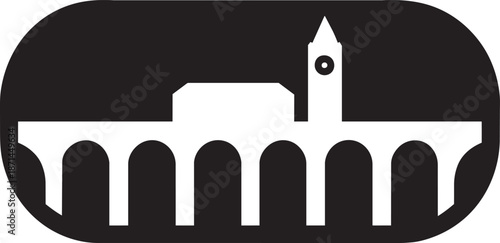 Ancient aqueduct with multiple arches leading to a building featuring a prominent clock tower